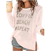 Women's Beach Cover Up Letter Print Long Sleeve Sweater Summer Tops | Crochet Tops Shirts Casual Crewneck Split Hem Pullover