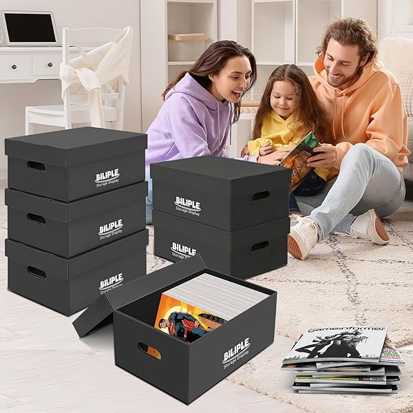 6 PACK COMIC BOOK STORAGE BOX 15.8″ X 7.2″ X 10.7″, THICK CARDBOARD COMIC BOOK BOX WITH LIDS, HOLDS 150-175 CURRENT/SILVER AGE COMIC, STACKABLE BIN COMIC ORGANIZER CASE FOR COLLECTING SUPPLIES, BLACK