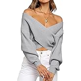 BTFBM Off The Shoulder Sweater for Women Winter Fall Fashion 2026 V Neck Long Sleeve Ribbed Knit Wrap Cropped Sweaters