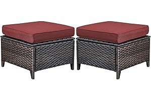 Belord Outdoor Ottomans for Patio Foot Rest - PE Wicker Foot Stool Set of 2 with Removable Cushions for Patio Furniture Sets,All Weather Rattan Ottoman for Balcony Deck Backyard Brown