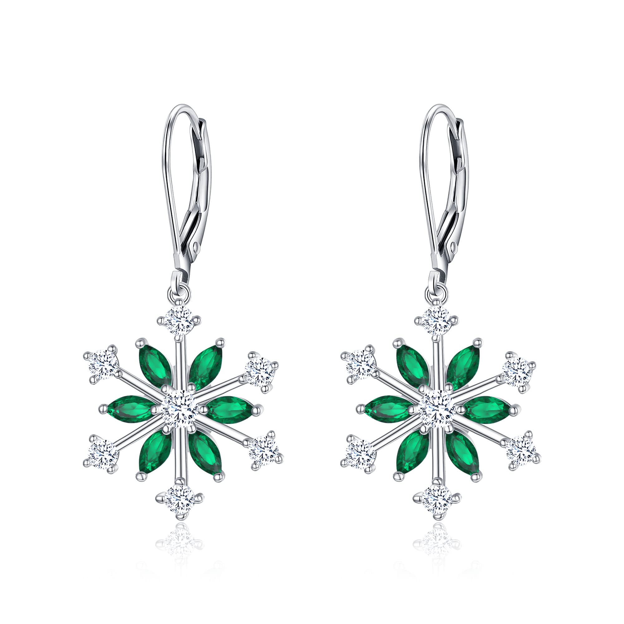 EVER FAITH Snowflake Dangle Earrings, 925 Sterling Silver Green CZ Snow Flake Levelback Earrings Christmas Accessory