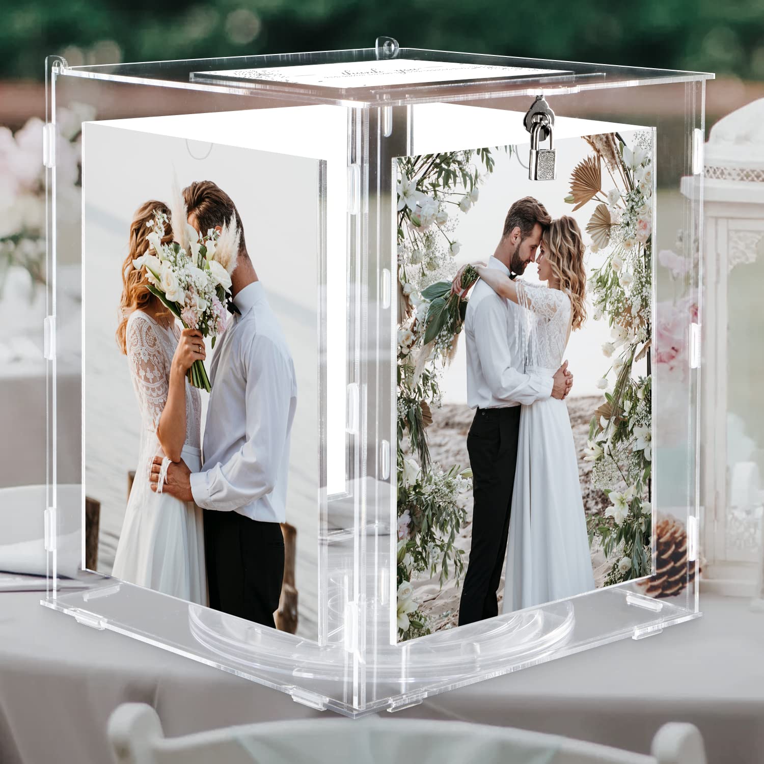 Benjia Acrylic Wedding Card Box with Picture Frame for 6x8 Photos, Large Rotatable Envelope Post Money Gift Boxes Holder with Lock Slot for Reception Anniversary Birthday Party Baby Shower