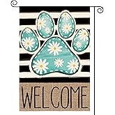 AVOIN colorlife Blue Paw Print Spring Garden Flag 12x18 Inch Double Sided Outside, Daisy Floral Welcome Stripes Yard Outdoor Flag