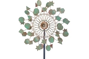 Viveta Wind Spinners Outdoor,Metal Wind Pinwheels & Sculptures for Yard and Garden,Green Geometric Decorative Patio,Double Windmill with Stable Stake, 13.2 * 58.8 Inch