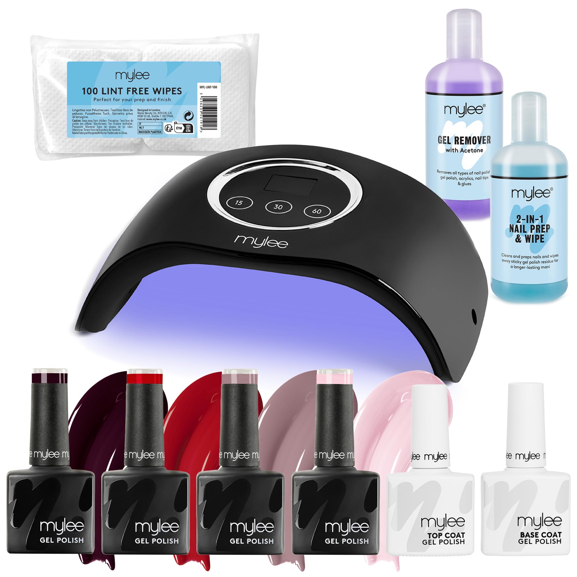 Mylee LED Nail Gel Polish Starter Kit, 4 Gel Polish Colours 4x8ml, Top & Base Coat 2x10ml, Petite LED Lamp, Nail Prep & Polish Wipe 125ml, Gel Remover 125ml