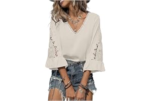 Borniu Womens Lace Embroidered Ruffle 3/4 Sleeve Blouses V Neck T Shirts Tops Business Casual Summer Outfits for Women 2026