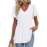 OFEEFAN Womens Summer Tops Babydoll Short Sleeve Shirts Puff Sleeve Peplum Tops V Neck T Shirts