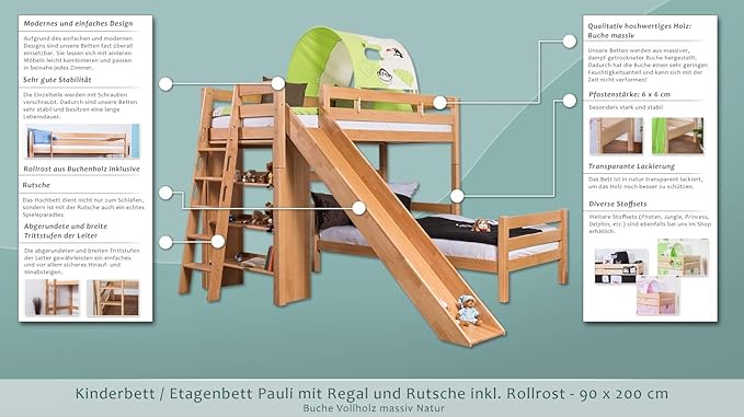 Kinderbett Etagenbett Pauli Buche Vollholz Massiv Natur Mit Regal Und Rutsche Inkl Rollrost 90 X 200 Cm Teilbar Amazon De Baumarkt