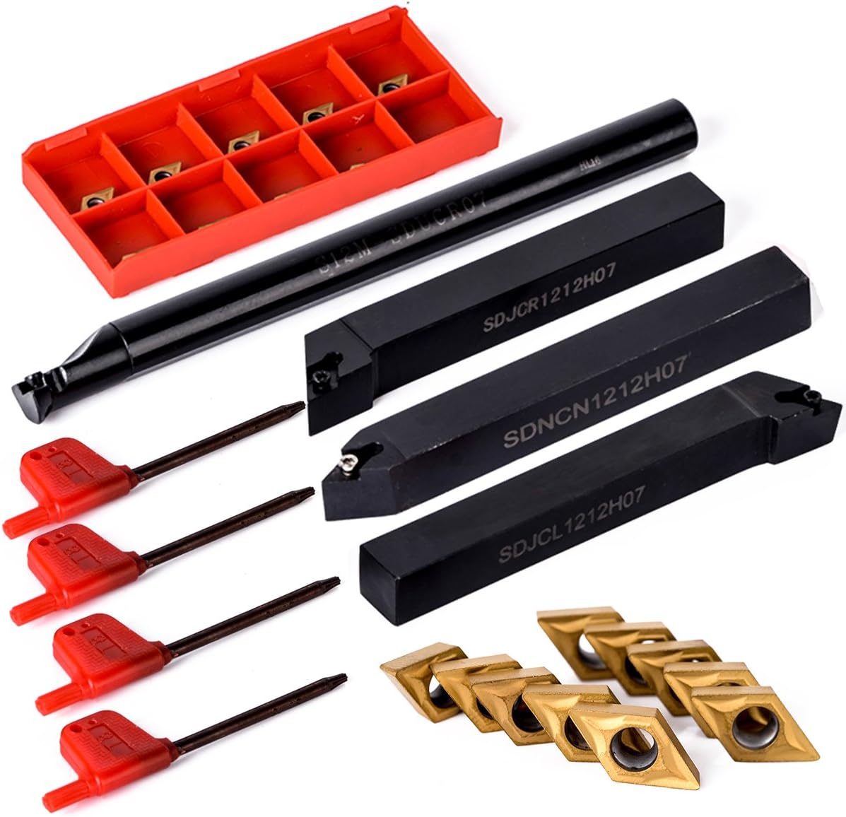 4pcs Boring Bar Holder 12mm Lathe +10pcs Carbide Insert Lathe Turning Tools + 4pcs Wrenches for Semi-Finishing and Finishing (#2)
