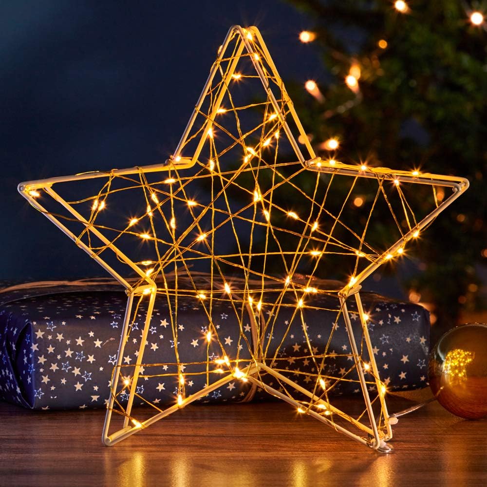 Zennox 70 LED 3D Star Light, Cordless Indoor Festive Decoration, Dimensions L25 x W5 x H25cm (Gold)