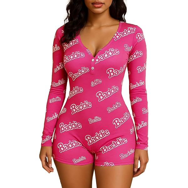 WDIRARA Women's All Over Print Pajama Jumpsuit - Long Sleeve, V-Neck, Button Front, Stretchy Loungewear