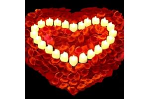 AUSAYE Valentines Decor 1000 Pieces Artificial Rose Petals with 24 Pcs Heart Shaped LED Candles Flameless Romantic Love LED Tea Lights for Night Light Valentine's Day Anniversary Wedding Table Decor