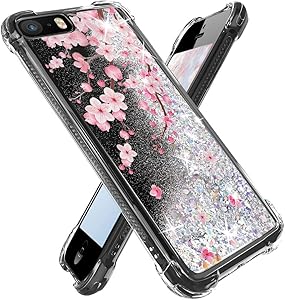 Miss Arts for iPhone se Case (2016),iPhone 5s Case, iPhone 5 Case, Girls Women Flowing Liquid Holographic Holo Glitter Shock Proof Case with Flowers Design for Apple iPhone SE/5S/5 -Cherry