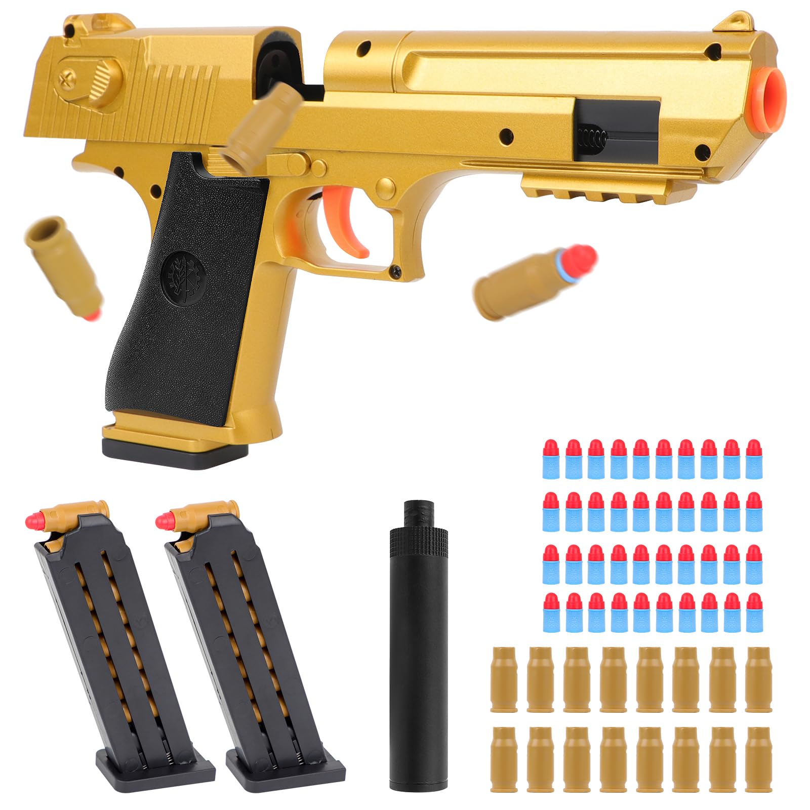 Yerdos Toy Pistol with Magazine Shell Ejection Gun Toy Slide Action Soft Rubber Bullets Shooting Gun, 2 Ejecting Magazines, 1 Silencer, 16 Cartridges, 40 Bullets