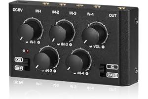 DOUK AUDIO DoukAudio MC5-BX Mini Audio Mixer: 4-Channel Ultra Low-Noise Stereo Line Mixer for Home Studio Bar, Active & Passive Modes, Portable Metal Design for Musicians DJs
