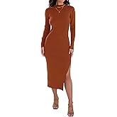 ZESICA Women's 2026 Ribbed Knit Dress Long Sleeve Mock Neck Slim Fit Side Slit Fall Elegant Sweater Dresses