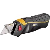 Cat Utility Knife Box Cutter Self-Retracting, Squeeze to Extend, Release to Retract, Lock Open w/Switch, Ergo Handle w/ 3 Safety-Tip Blades That Store Inside - 240071