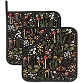 Retro Mushroom Pot Holders Set of 2, Kitchen Heat Resistant Forest Plant Moth Potholder for Microwave Cooking Baking Oven End Dishes and BBQ