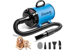 BLANLODY High Velocity Dog Hair Dryer 5.2HP/ 3800W Professional Dogs Blower Grooming Dryer, Adjustable Temperature and Speed Pet Dryers with 4 Nozzles and a Comb, Blue