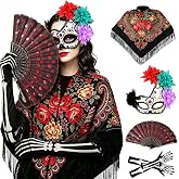 4-Pc Day of the Dead Costume, Mexican Shawl, Sugar Skull Mask, Fan & Gloves | Día de los Muertos Costume Accessories, Mexican Shawl for Women, 51.2-Inch Wrap for Halloween Parties, Parades & Cosplay