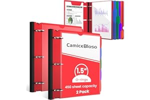 CAMICEBOLSO Telescoping 3-Ring Binder 1.5 Inch,2Pack Project Organizer Binder Red Flexible Binders 450 Sheets Capacity with 5 Colors Divider and Tabs,for School Binder or Office Binder Supplies.