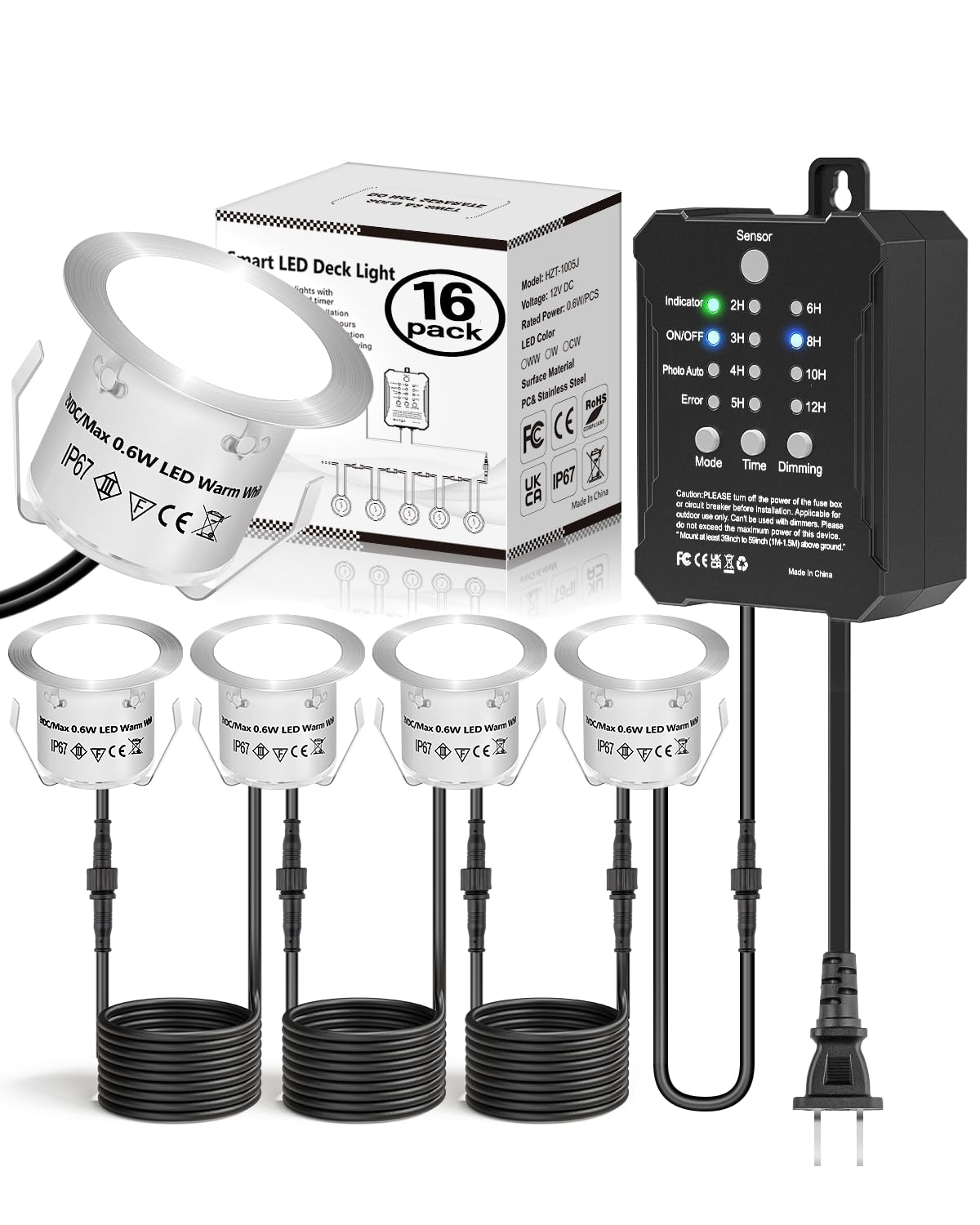 Photo 1 of HIBOITEC Low Voltage Deck Lights Recessed Kit with Transformer Dimmable Timer and Photocell Sensor Outdoor LED Deck Lighting IP67 Waterproof 4000K for Stair Step Outdoor Garden Yard 16 Packs