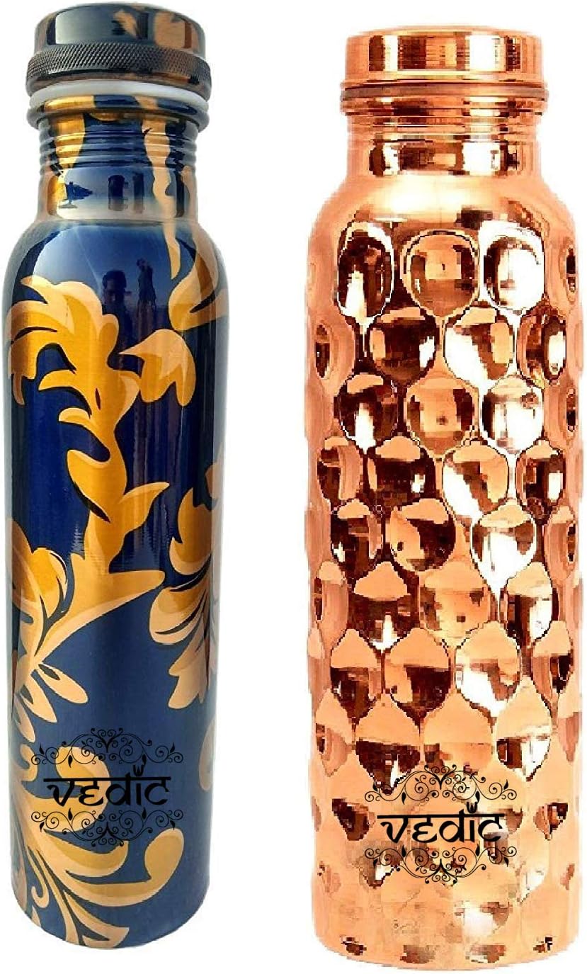 VEDIC COPURE Combo Pack of Pure Copper Modern Art Water Bottle (Set of 2)