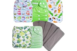 NEARKOI 10 pcs Baby Cloth Diapers Adjustable Washable Reusable for Baby Cloth Pocket Diapers 5 Pack + 5 Bamboo Inserts(Green)