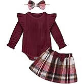 Weixinbuy Baby Girls Fall Outfits 3-Piece Set Long Sleeve Romper & Plaid Skirt Headband Soft Snap Closure 0-18M