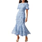 JIN SU Women's 3D Floral Lace Midi Wedding Guest Dress | Soft Polyester Lined, Short Sleeve Fishtail Ruffle, Cocktail Formal Dresses