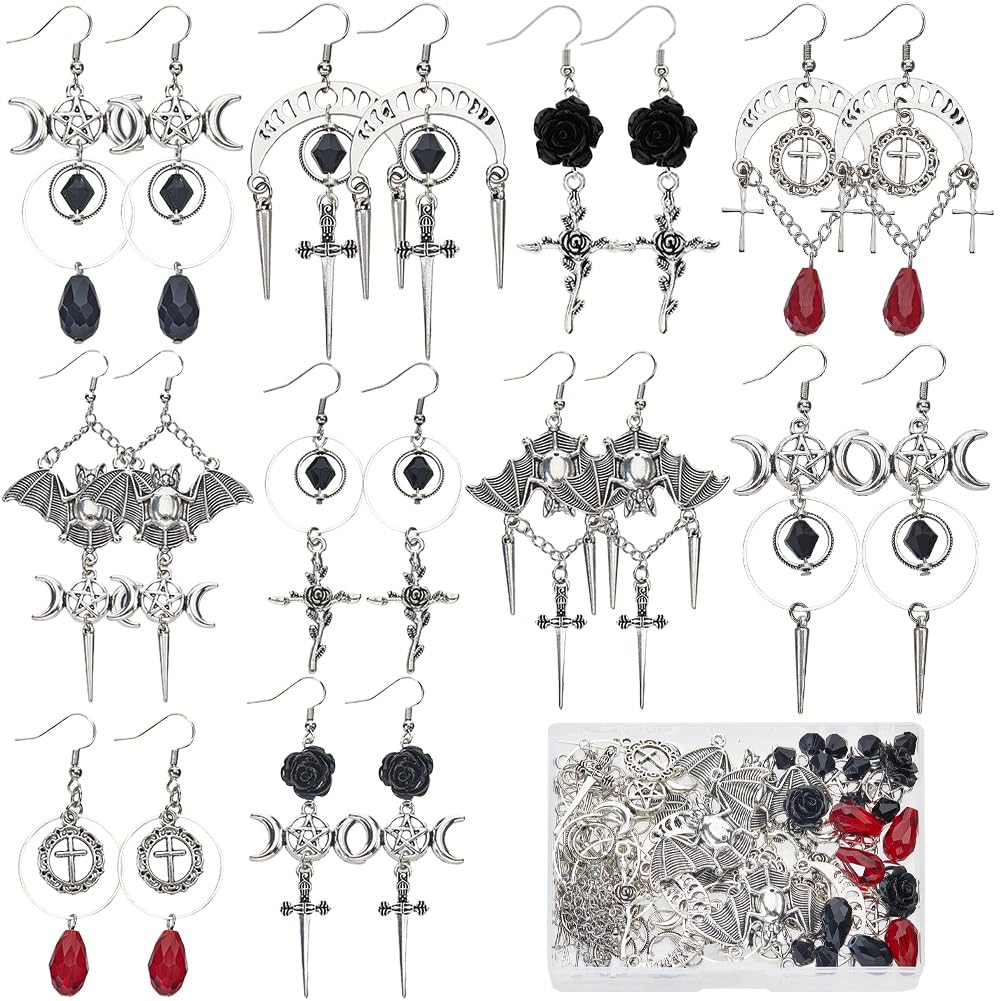 SUNNYCLUE 1 Box 10 Pairs Halloween Earring Kits Alloy Bats Charms Star Moon Phase Charm Red Black Gothic Sword Charms Cross Charms for jewellery Making Kits DIY Dangle Earrings Gift Adults Supplies