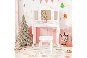 AKUSTIK Kids Vanity with Lights, 2 in 1 Wooden Dressing Table and Chair Set with Tri-Folding Mirror, Stool, Storage Drawer, Toddlers Pretend Princess Beauty Playset Toy Gift for Little Girls