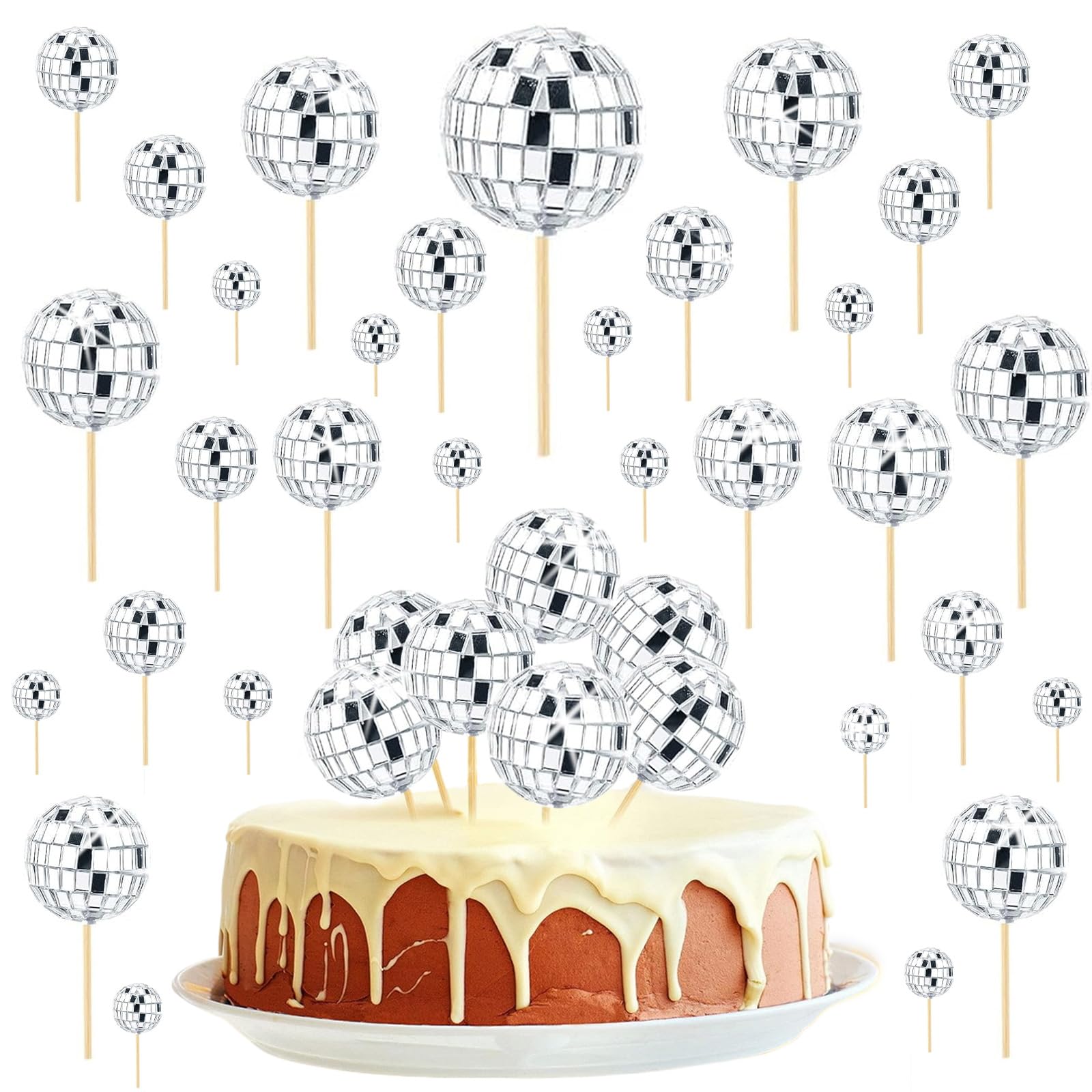 30-Pack Mini Disco Balls Cake Toppers - Disco Theme Cake Decoration with Bamboo Sticks for Cake Dessert Toppers (Silver)