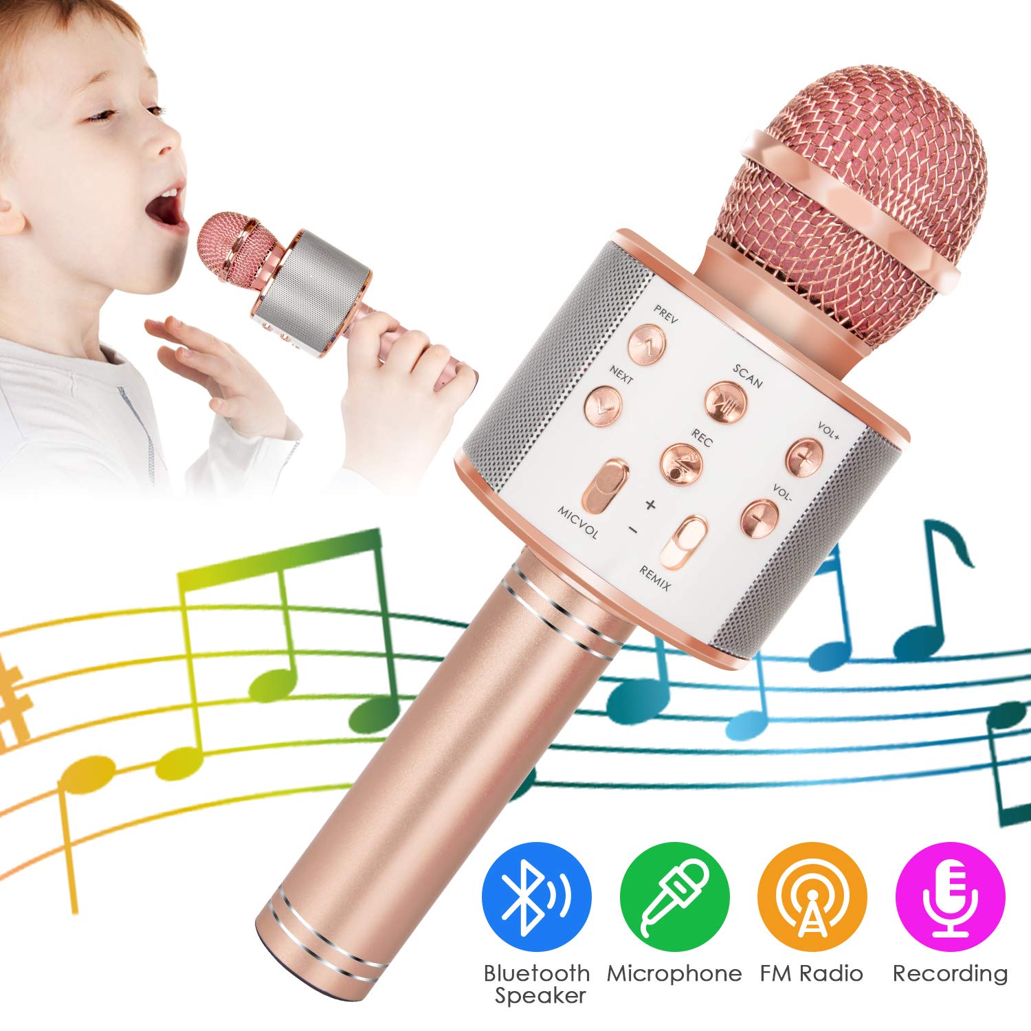 KIDWILL Wireless Bluetooth Karaoke Microphone, 5-in-1 Portable Handheld Karaoke Mic Speaker Player Recorder with Adjustable Remix FM Radio for Kids Adults Birthday Party KTV Christmas (Rose Gold)
