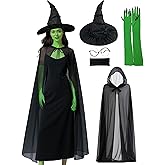 Halloween Elphaba Costume for Women, 4 Piece Witch Costume Set Halloween Hat Cape Glasses Gloves Accessories for Adult