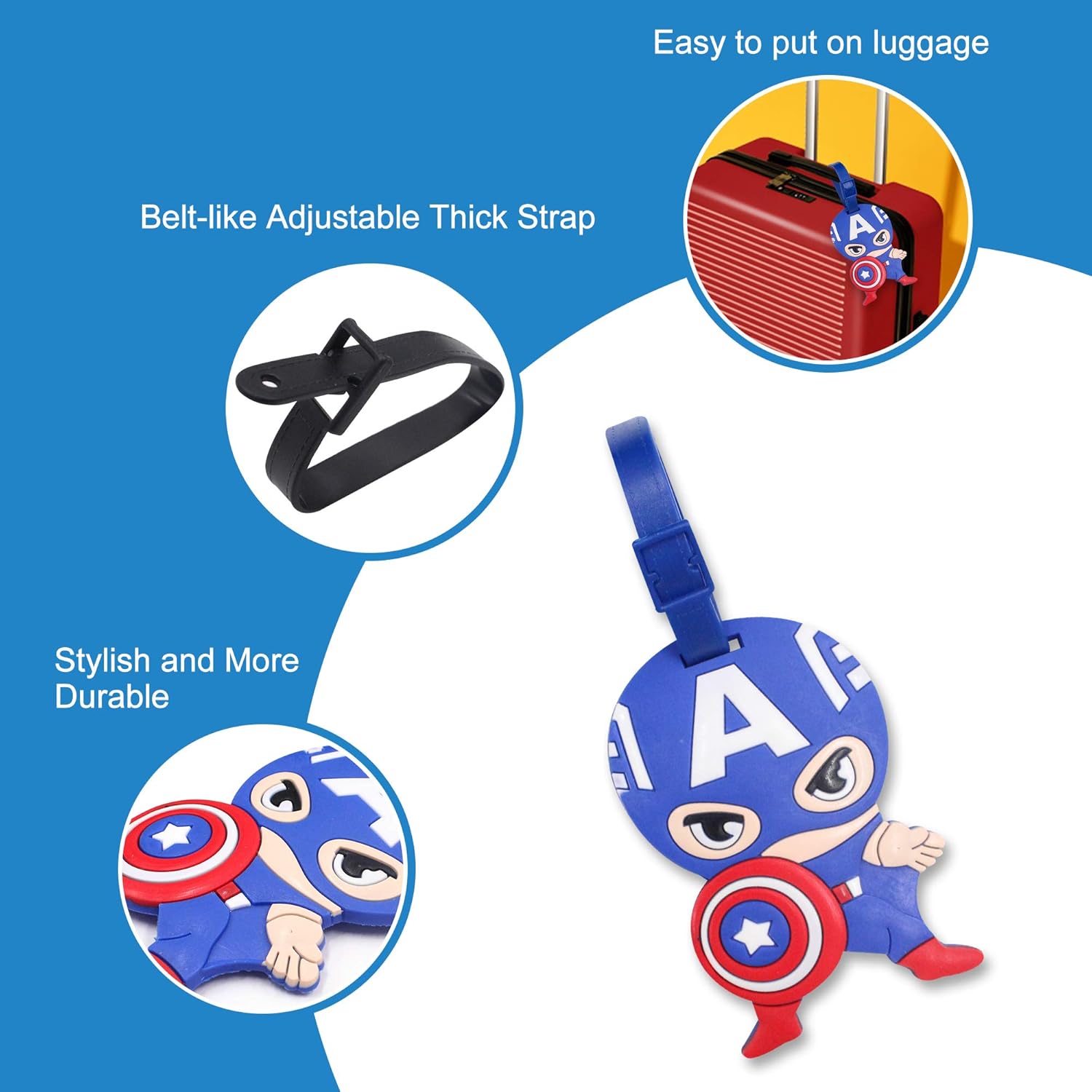 Finex 4 Pcs Set Avengers Captain America Iron Man Spiderman Silicone Travel Luggage Baggage Identification Labels ID Tag for Bag Suitcase Plane Cruise Ships with Belt Strap: Clothing
