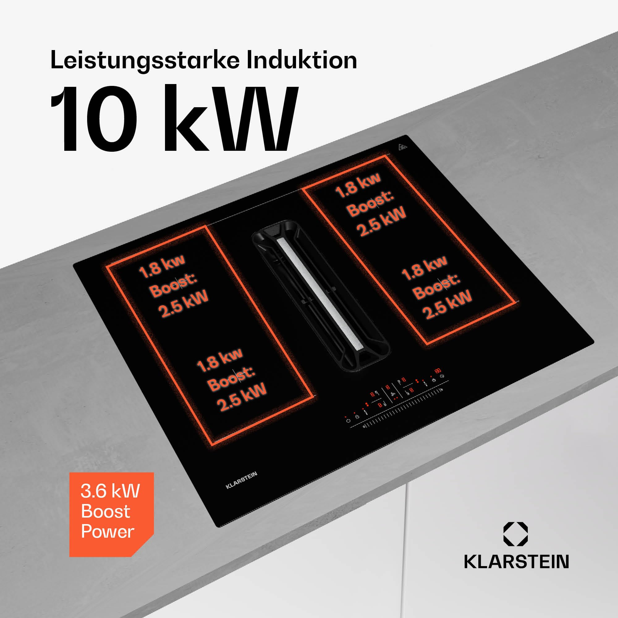 Klarstein AirJet 60 Induktionskochfeld Mit Dunstabzug - 600 m³/h Absaugleistung, Flexzonen, 10.000-W-Boost, Touchpanel, Energieeffizienzklasse A+, Kindersicherung, Edelstahl und Glas, 60 cm 4