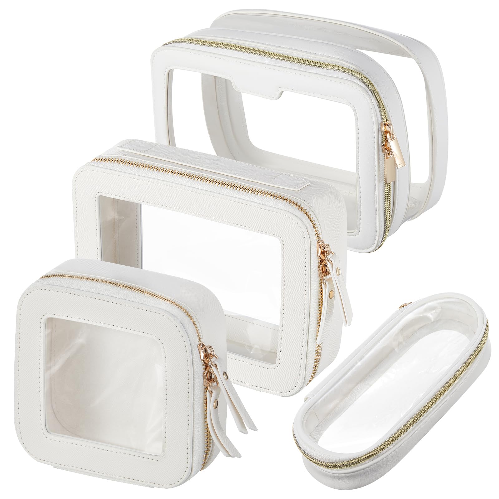 Photo 1 of 4 Pcs Leather Clear Makeup Bags Set for Women Travel Clear Cosmetic Case Toiletry Bags with Zipper Makeup Brush Case Waterproof Organizer Storage for Women Men Travel Accessories, 4 Sizes(White)