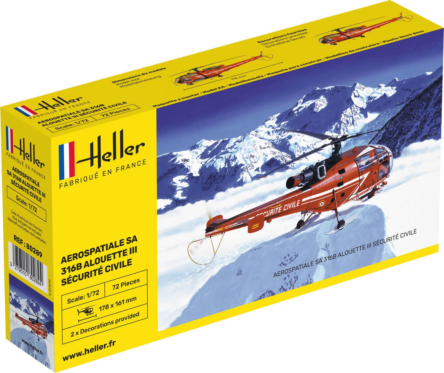 Heller 80289 1:72 Scale SA 316B Alouette III Securite Civile Model