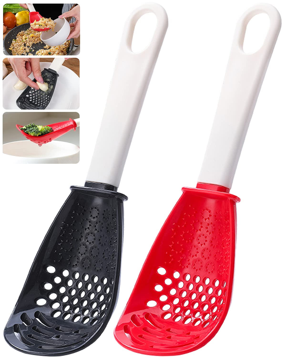 Photo 1 of 2PCS Multifunctional Kitchen Cooking Spoon, Skimmer Scoop Food Strainers for Cooking, Mashing, Draining, Grating, Non-stick Small Spatula Spoon Kitchen Tools (Black and Red)