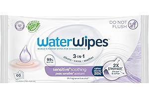 WaterWipes Sensitive+ Soothing Wipes, 3-In-1 Cleans, Cares, Soothes, 99% Water with Botanical Extract, Unscented & Hypoallerg