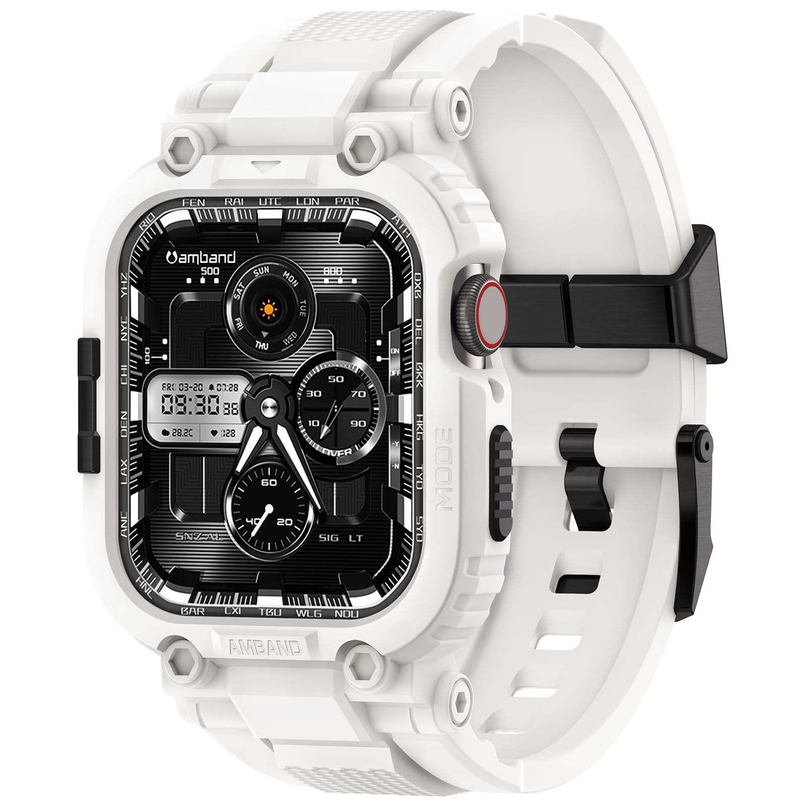 Photo 1 of amBand Bands Compatible with Apple Watch 9/8/7 45mm, M1 Sport Series Rugged Case with TPU Strap Military Protective Tough Cover Bumper for iWatch SE3/SE2/SE/6/5/4/3 44mm 42mm Men White