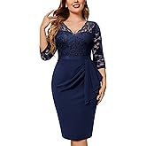 Miusol Women's Plus Size Retro Floral Lace Ruffle V Neck Party Cocktail Dress