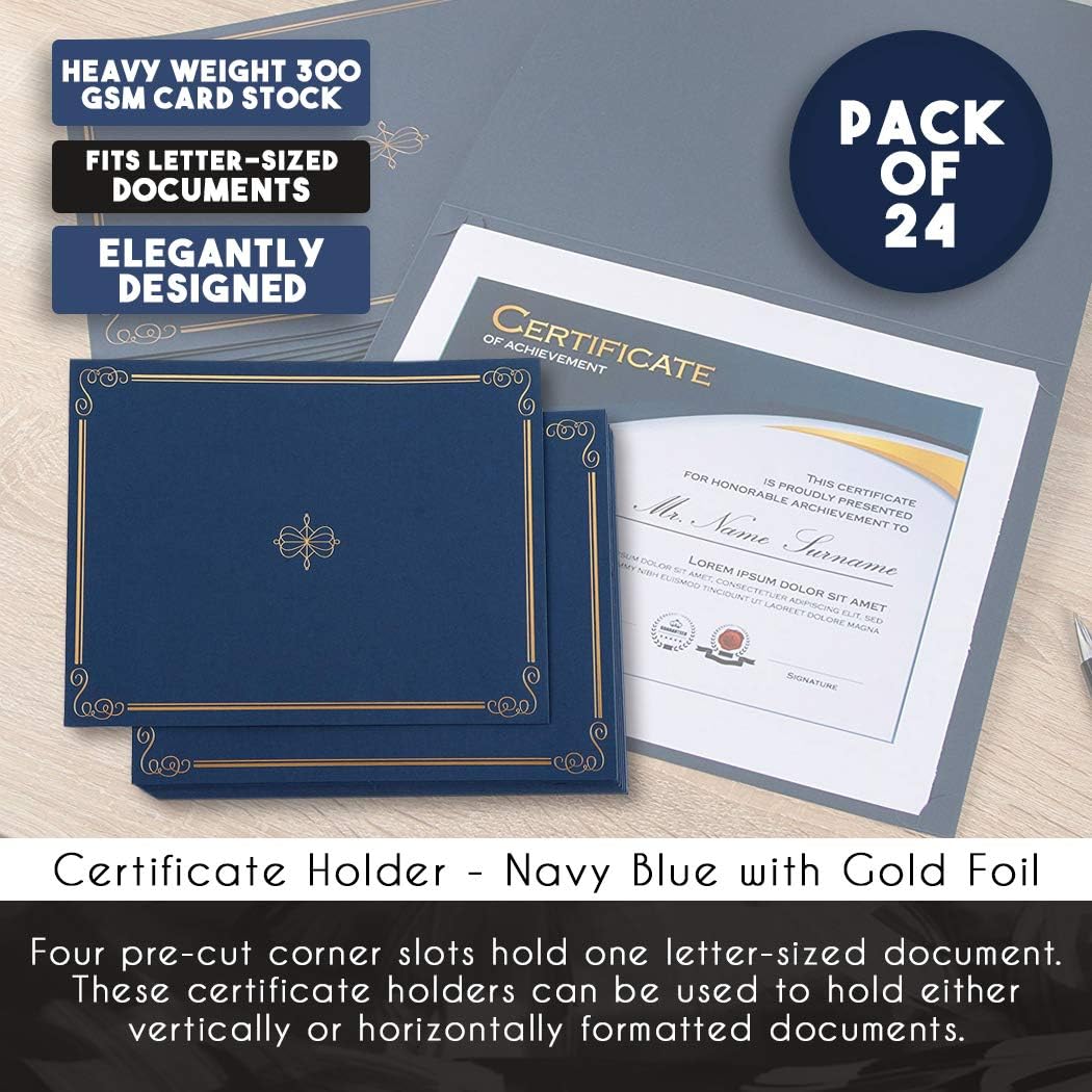 24 Pack Certificate Holders, Diploma and Document Cover with Gold Foil Border, Holds 11 x 8.5 Inches Letter Sized Awards, Navy Blue: Home & Kitchen