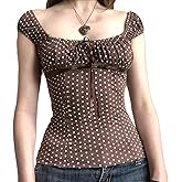 Women Fairy Grunge Shirt Summer Cap Sleeve Lace Up Polka Dot Milkmaid Tops Vinatge E-Girls Aesthetic Clothes