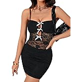 OPOIPIN Women's Sexy Hollow Out Sheer Lace Spaghetti Straps Bodycon Club Mini Dress
