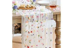 Artoid Mode Embroidery Daisy Gauze Table Runner 120 Inch 10FT, Seasonal Sheer Kitchen Dining Holiday Wedding Birthday Table D