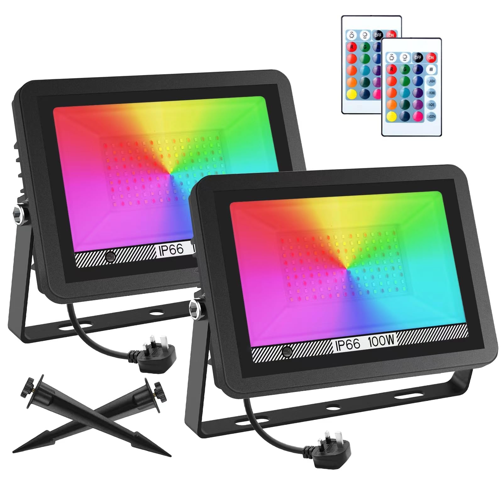 T-SUNUS LED RGBW Floodlight Outdoor 100W, Colour Changing Flood Light IP65 Waterproof, Memory Function, Security Light with Remote Control, 16 Colours & 4 Modes, Wall Light for Christmas Party(2 Pack)