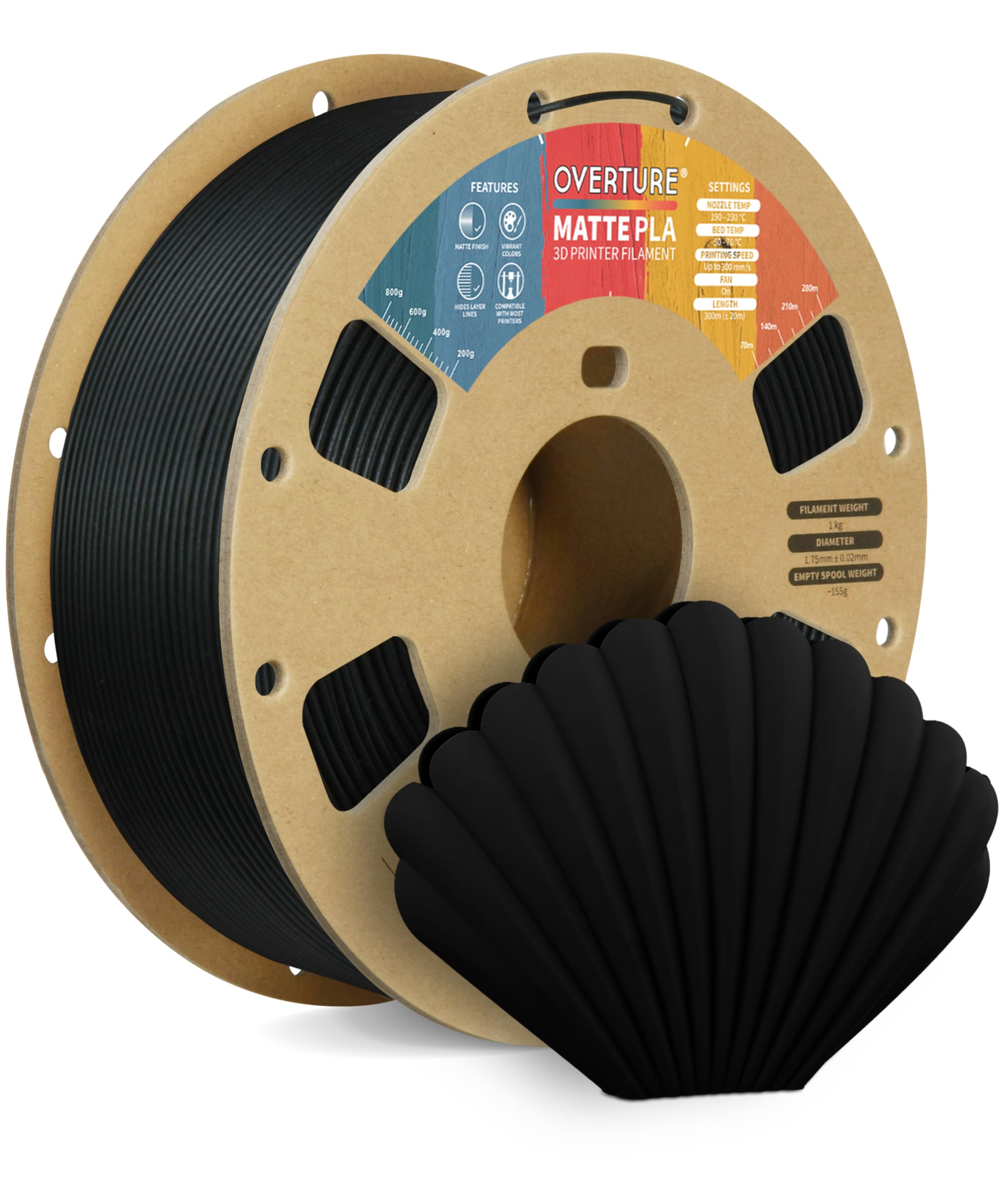 OVERTURE Matte PLA Filament 1.75mm, Easy to Print, PLA Matte 3D Printer Filament 1kg (2.2lbs), Cardboard Spool, Accuracy ± 0.02mm (Matte Black) — image 1