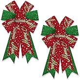 2 Pack Christmas Wreath Bows Christmas Decor Bows Glitter Green Red Words Ribbon Bows for Wreath, Xmas Tree Topper Bows for New Year Party Decoration Home Indoor Outdoor Wreath Ornament Supplies